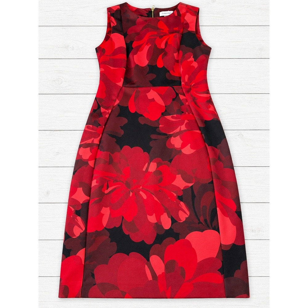 Calvin Klein Sheath Dress Red Black Floral Scuba Sleeveless Career Party 6